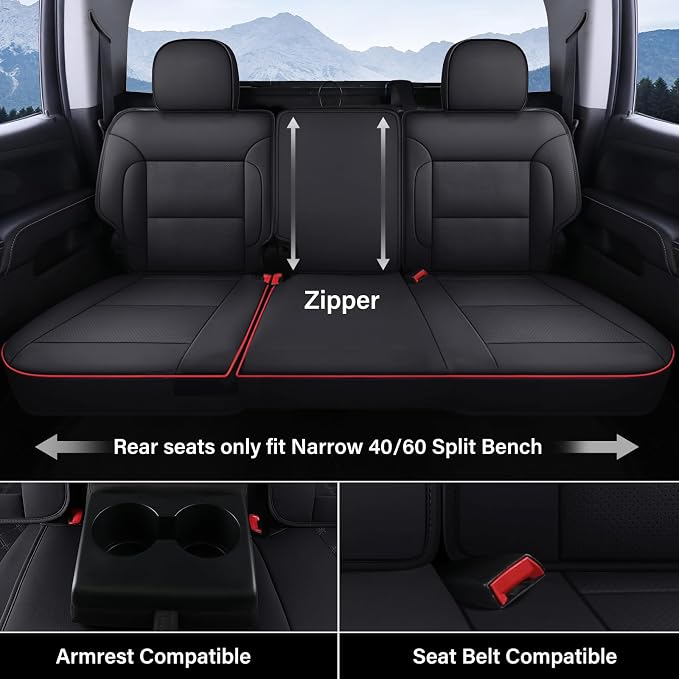 Coverado Silverado Rear Seat Covers, Faux Leather Car Seat Covers Fit for Chevy Silverado GMC Sierra 2007-2013 & 2019-2026 1500, 2020-2026 2500HD 3500HD Crew Double Extended Cab(Redline)