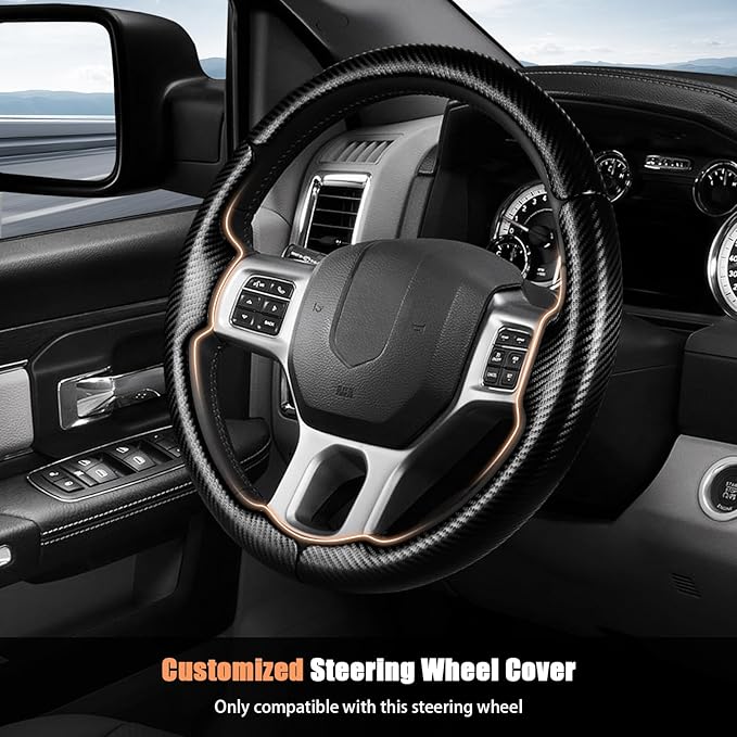 Aimato Customized Steering Wheel Cover for Dodge RAM 1500 2012-2018,RAM 1500 Classic 2019-2023,RAM 2500/3500/4500/5500 2012-2018 Thin,Anti-Slip,Scratch-Resistant Exclusive Car Accessory for RAM