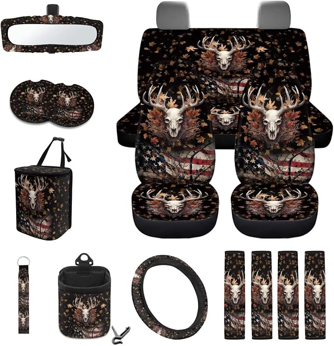 Dear Maple Leaf American Flag Print 15PCS Auto Interior Sets Car Front Rear Seat Covers Steering Wheel Cover Seat Belt Cover Keychain Trash Can Air Vent Storage Bag Mirror Cover