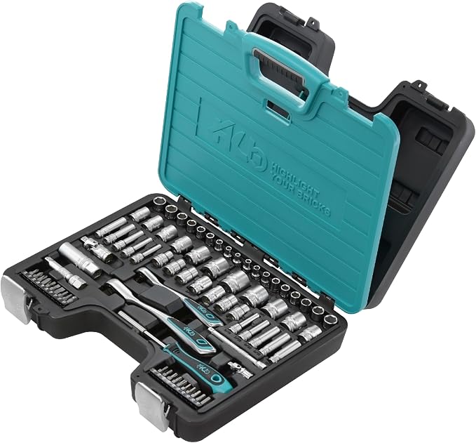 HB 75-Piece Mechanic Tool Set AKX006-U1 | 120-Tooth Ratchet 3/8-Inch & 1/4-Inch Drive with SAE Metric Deep Sockets TORX Bits Extension Bar | Chrome Vanadium Steel Portable Carry Case Made in Taiwan