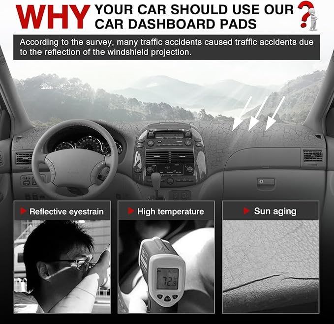 Autorder Gray Dashboard Cover Mat for Toyota Sienna 2004-2010 Accessories Dash Cover Upgrade Polyester Dash Mat Sunshade Glare UV Rays Protector