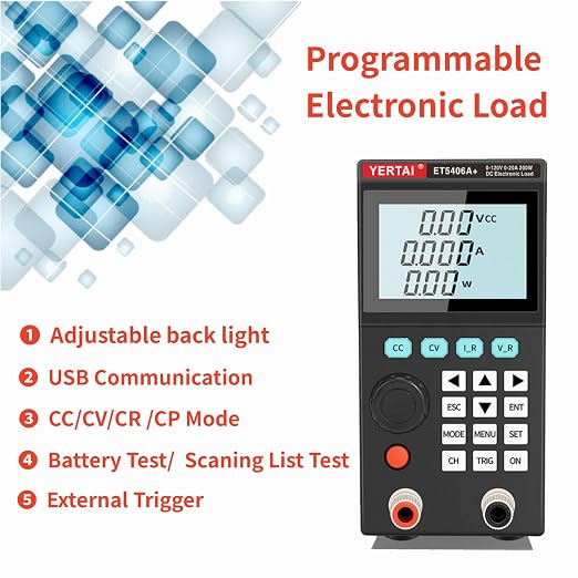 YERTAI Electronic Load Tester, ET5406A+ 200W Programmable DC Load Testers 20A 120V Battery Capacity Detector in Charger, Liner Power, Grey