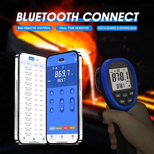 Pyrometer 30:1 Non-Contact High Temp Thermometer Gun-58℉ to 2732℉ (-50℃ ~ 1500℃) IR Thermometer Gun with Mobile APP for Pizza ovens, Kiln, Forge RQ-1500APP【Not for Human】