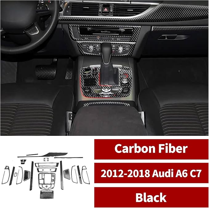 31PCS Real Carbon Fiber Interior Trim Kit Compatible with Audi A6 C7 2012-2018, Interior Decal Sticker Accessories
