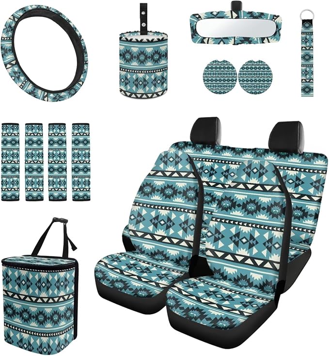 Southwestern Aztec Blue Car Seat Covers Set of 15 with Universal Steering Wheel Cover, Rearview Mirror Cover, Car Trash Can, Seatbelt Pads, Cup Holder Coasters, Keychains