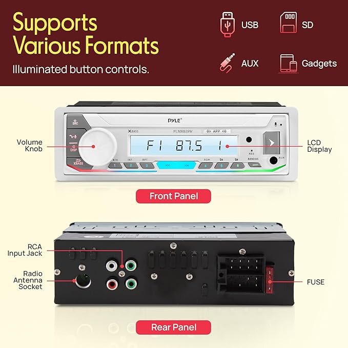 Pyle Marine Stereo Receiver Power Amplifier - AM/FM/MP3/USB/Aux/SD Card Reader Marine Stereo Receiver, Single Din, 30 Preset Memory Stations, LCD Display with Remote Control - PLMRB39W