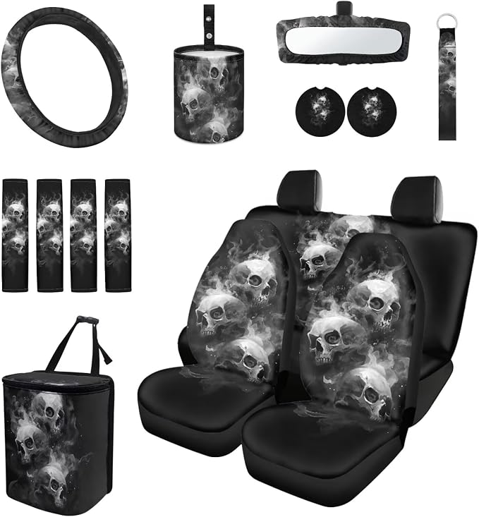15 Pcs Black Skull Car Seat Covers Full Set for Women Goth Car Accessories Interior Car Steering Wheel Cover Seatbelt Covers Trash Bin Rear View Mirror Cover Cup Holders Keychain