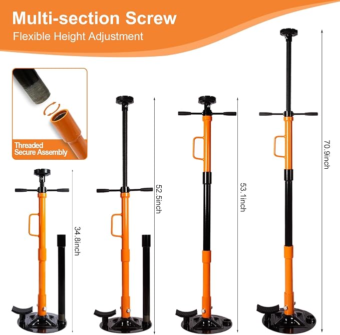 Underhoist Support Stand, 1-Ton Capacity, 3-Section Adjustable Height 34.8'' to 70.9'', Self-Locking Threaded Screw with Thrust Bearing Pole Jack, 2 Replaceable Saddles for Vehicle Component Support