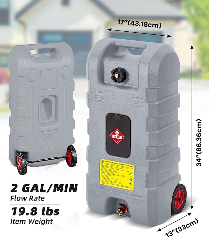 Garvee 15 Gallon Gas Caddy, Heavy-Duty Gas Can and Fuel Caddy with Manual Fuel Transfer Pump, Portable Fuel Tank on Wheels with 10 ft Hose for Lawn Mowers, Cars, Boats, ATVs, Home and Farm Use, Grey