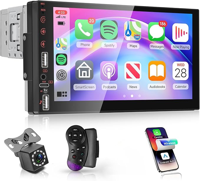 Car Stereo Single Din Wireless Carplay Android Auto 7'' Touch Screen, Rimoody Car Radio Bluetooth support Online Video and Yo-u Tu-be video, FM, EQ, Type-C, AUX, USB-2, Mirror Link, SWC, Backup Camera