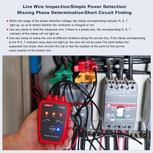 UNI-T 3 Phase Rotation Meter, AC 70-1000V Non-Contact Phase Sequence Detector with LED & Buzzer, Power Inspection Breakpoints Finding Positioning UT262E