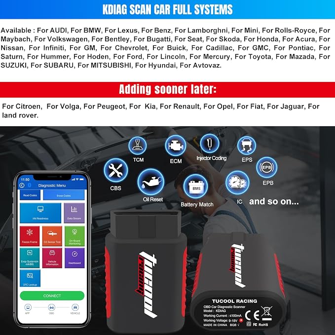 KDIAG OBD2 Scanner Diagnostic Tool, Car Code Reader for iOS & Android, Full System Auto Scanner for OBDII 1996+ Vehicles