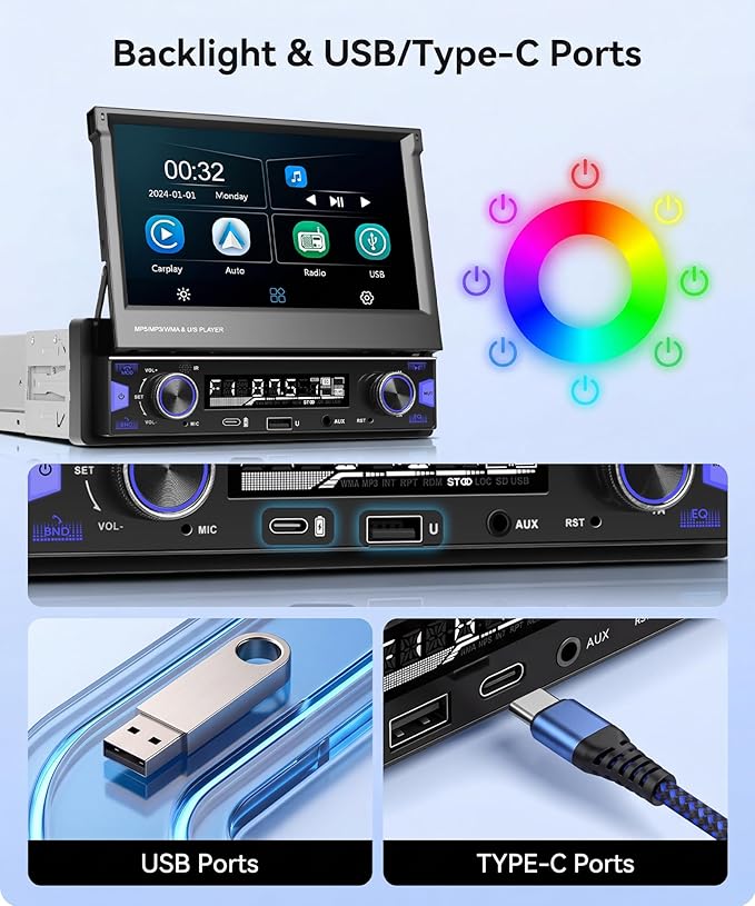 7 Inch Single DIN Flip Out Car Stereo with Wireless CarPlay & Android Auto-IPS Touchscreen, Bluetooth 5.0, Backup Camera, SWC, FM/AM Radio, Type-C Fast Charging | Universal Fit