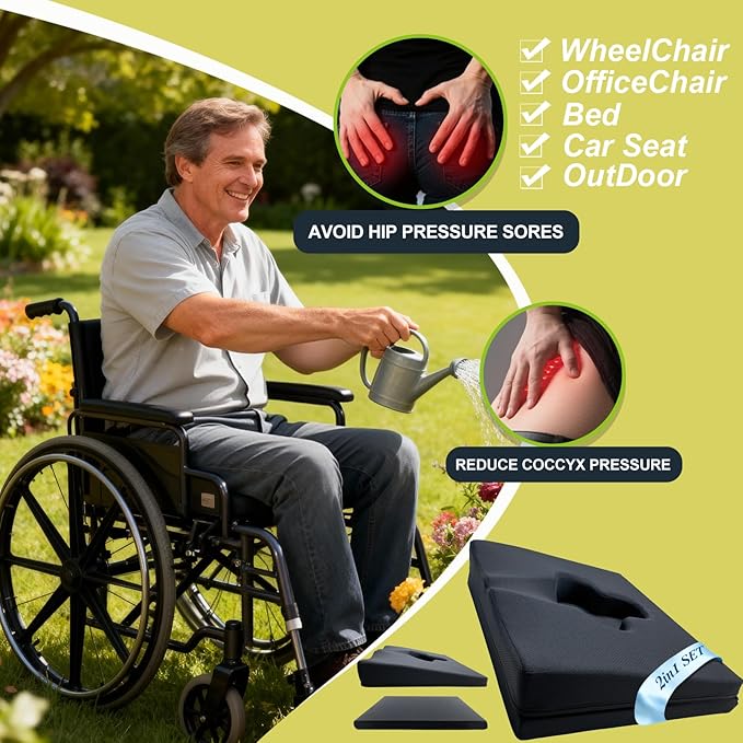 Gel Wheelchair Seat Cushion,Bed Sore Cushions for Butt,Office Chair Pressure Sore cushion,Memory Foam Pillow for bed,Pressure Ulcer Pain Relief,Relieve Sciatica,Coccyx,Washable Cover/Set Black