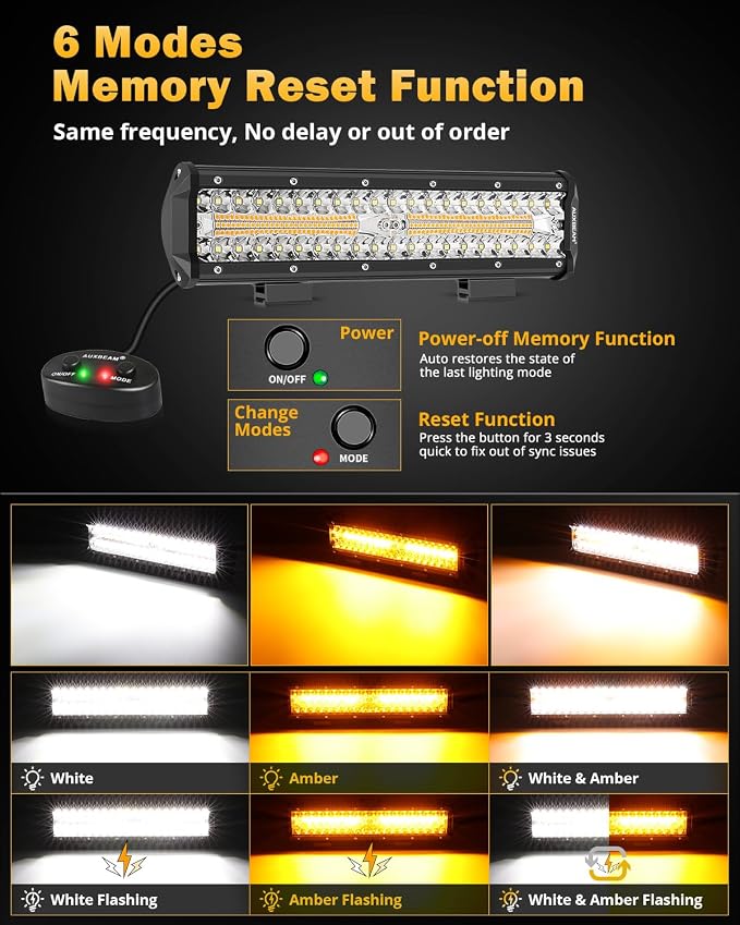 Auxbeam 6 Modes Amber White Series 12-Inch 300W LED Light Bar for Trucks | 6 modes with memory function, Dual-color offroad strobe light, Spot flood combo, Flashing auxiliary fog lamp