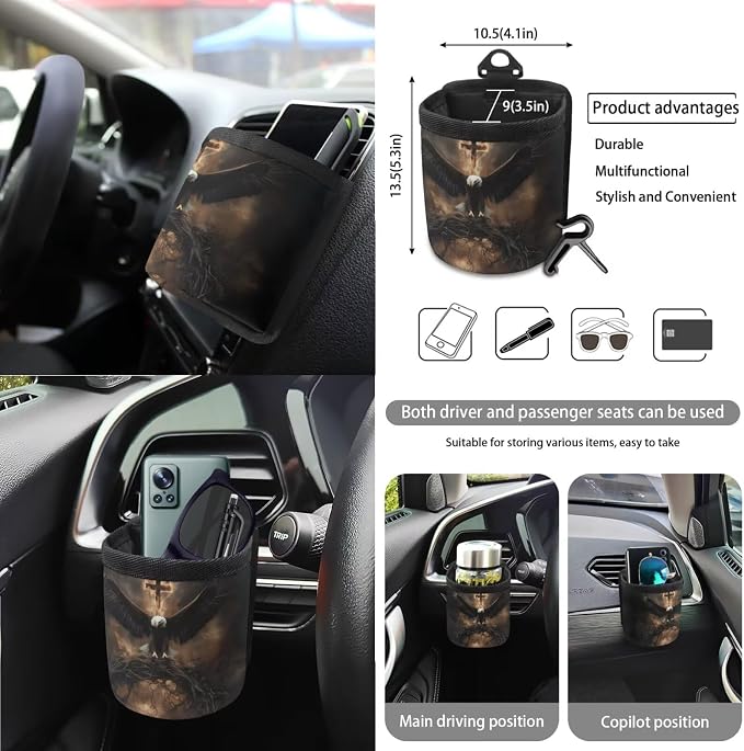 Eagle Cross Pattern 15 PCS Car Interior Accessories, Car Seat Covers + Steering Wheel Cover + Seat Belt Pad + Trash Can + Keychain + Air Vent Storage Bag + Coasters