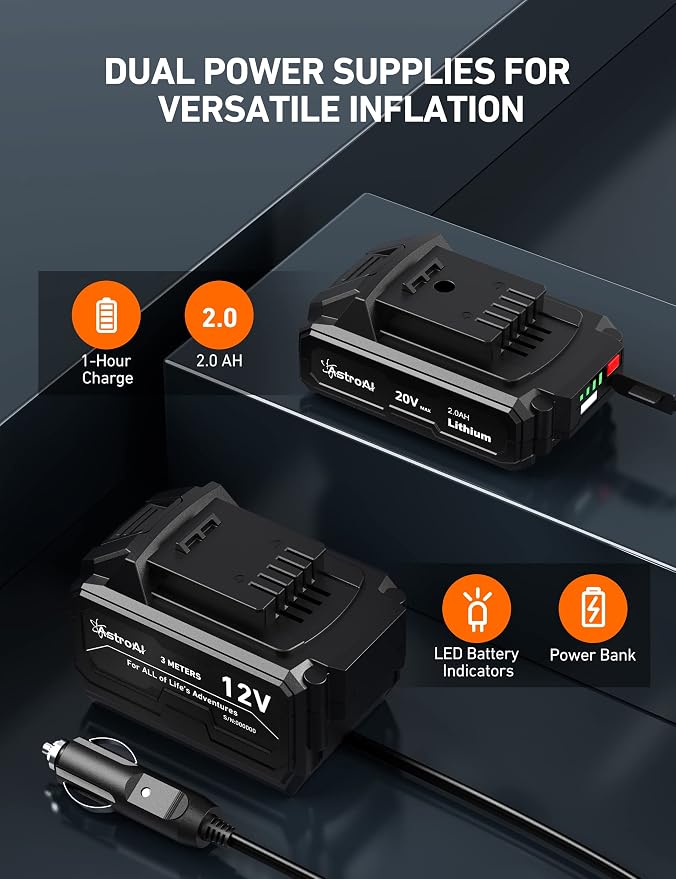 AstroAI Cordless Tire Inflator and AstroAI AC to DC Converter 10A/120W/7.78FT