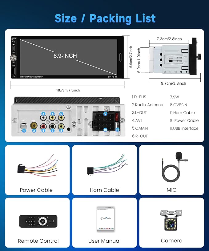 6.9 Inch Single Din Car Stereo with Wireless CarPlay/Android Auto/Mirror Link,1 Din IPS Touchscreen Car Radio Bluetooth Handsfree FM Type-C USB EQ Reverse Camera SWC