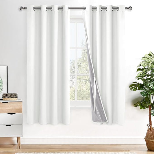 XWZO 100% Blackout Window Curtains - Thermal Insulated & Completely Room Darkening Black Liner Window Treatment with Tiebacks for Bedroom/Living Room, Ivory, W52 x L72, Set of 2 Panels