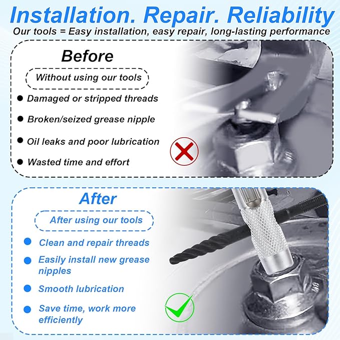 2pcs Grease Zerk Fitting Tool Set, 4-Way Zerk Thread Repair and Removal Kit for 1/4"-28 1/8"-NPT M10x1 M8x1 Threads, 3/8" 5/16" 7/16" Hex Sizes, Grease Fitting Tool for Install Remove Rethread