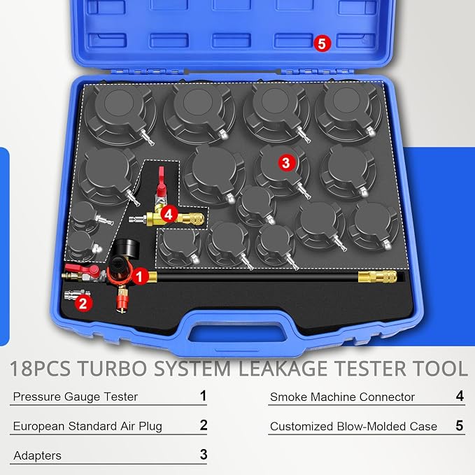 YSTOOL Turbo System Leakage Tester Kit 18Pcs Turbo Boost Leak Tester Set with 8 Pairs of Stepped Adapters (1-1/4" to 4-1/4") Air Pressure Gauge, for Radiators Cooling Emission Exhaust Pipes Testing