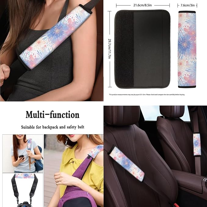 Colorful Firework Car Seat Covers Set of 10, Watercolor Fireworks Car Interior Accessories, Rainbow Fire Spark Seatbelt Covers Polyester Front Seat Rear Seat Cover