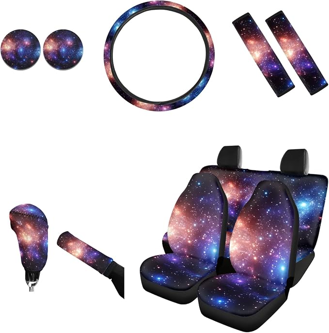 AFPANQZ Starry Galaxy Car Accessories Set 11pcs with Steering Wheel Cover, Front Seat + Bench Covers, Seat Belt Pads Gear Shift Knob Handbrake Cushion Car Cup Holder Coaster Mens Women Gift
