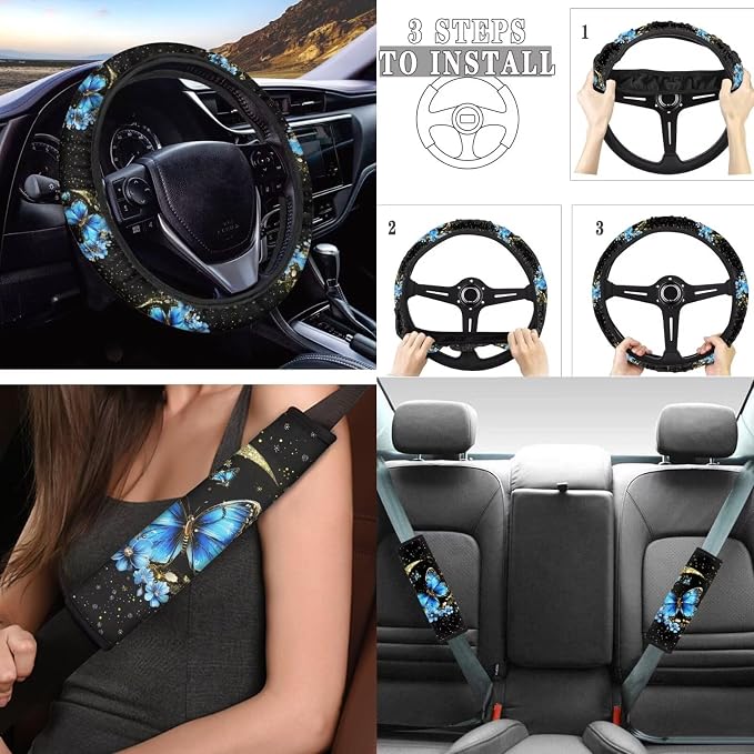 Tupalatus Blue Butterfly Auto Front Seat Covers Steering Wheel Cover,Seat Belt Pads,Cup Holder Gear Shift Knob Cover,Car Handbrake Protector Full Set of 9 PCS for Ladies Gifts,Universal Fit