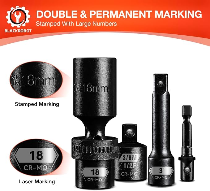 BLACKROBOT 3/8" Drive Swivel Socket Set, 14 Pieces Deep Universal Impact Socket Set, Metric(10-19mm) Flexible Wobble Socket Set, 6 Point, CR-MO, 3", 6" Extension Bars, Socket Adapter