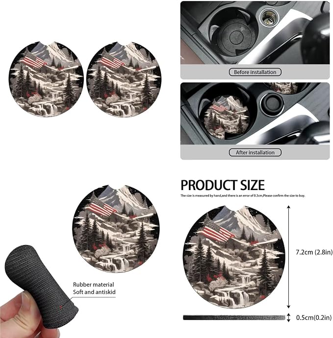 Snow Mountain 13 PCS Car Seat Cover American Flag Set Steering Wheel Cover Cup Coasters Decor July 4th Mountain Landscape Car Seat Accessory Fit for Trucks SUV