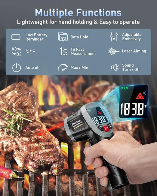 Eventek Infrared Thermometer Gun, [3 in 1] -58°F~1112°F (-50°C~600°C) Digital Laser Temperature Gun for Cooking, Pizza Oven, Grill & Engine with Adjustable Emissivity, Meat Thermometer & Bag Included