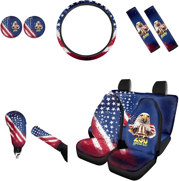 AFPANQZ Car Seat Covers Full Set 11 Piece, American Eagle 250 Years Steering Wheel Cover Gear Shift Knob Cover Handbrake Cover Seat Belt Shoulder Pads Cup Holder Universal Fit