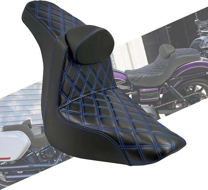 Motorcycles Driver Passenger Seat Cushion Pad One-Piece Seat Leather Pillion with Driver Backrest Fit for Harley Softail Low Rider FXLR FXLRS Sport Glide FLSB 2018-Up (Blue Stitching)
