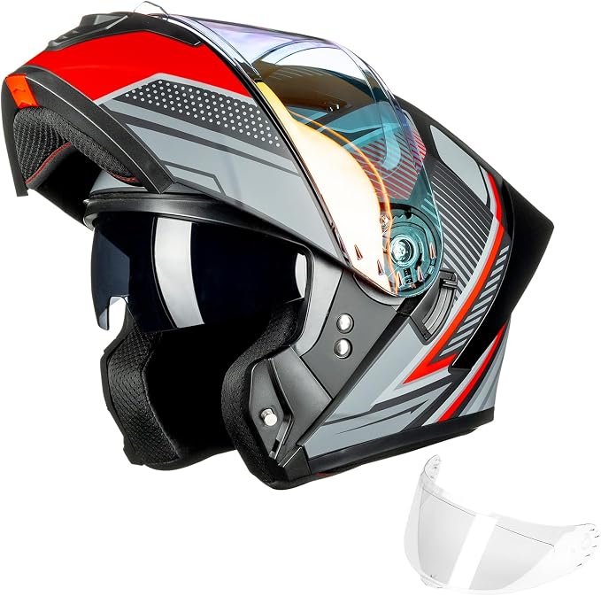 ILM Modular Motorcycle Helmet for Adults Full Face Flip up Riding with Dual Visor Street Bike Racing DOT Model MM966 (Black Red, L)