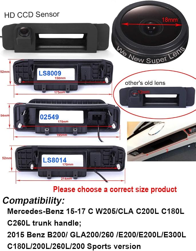 Super Pro HD Car Reversing System Parking Assistance -Waterproof Trunk Handle Reversing Camera, for Mercedes-Benz 15-17 C W205/CLA C200L C180L C260L/B200/GLA200/E300L/200L/260/200 Sports Version