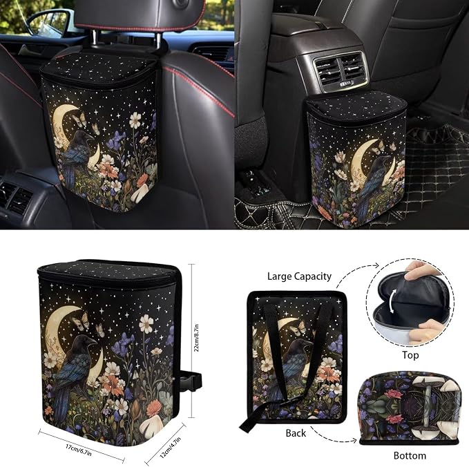 Moon Crow Seat Covers for Cars Full Set Universal Seat Covers Front and Back with Steering Wheel Cover Seatbelt Covers Car Coasters Trash Can Rearview Mirror Cover Keychain