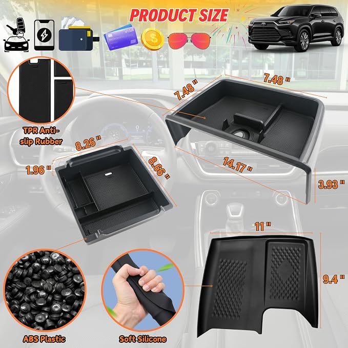 3Pcs Center Console Organizer for 2026 2025 2024 Toyota Grand Highlander Wireless Charging Mat Silicone Protective Pad - Screen Dashboard Tray Organizer & Armrest Storage Box Interior Accessories