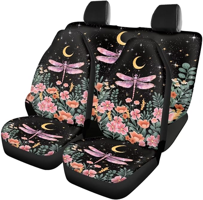 12 Pack Car Seat Covers Dragonfly with Moon and Stars Seat Cover for Cars，Universal Fit Cottagecore Style Auto Steering Wheel Cover Seatbelt Keychain Cup Coaster for Drink，Auto Interior Set
