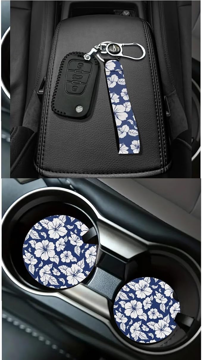 Dreaweet Car Seat Covers Full Set for Women Blue Hibiscus Flowers Car Accessories Universal Steering Wheel Cover Seat Belt Pads Trash Bin Rearview Mirror Cover Cup Holders Keychain Air Vent Holder
