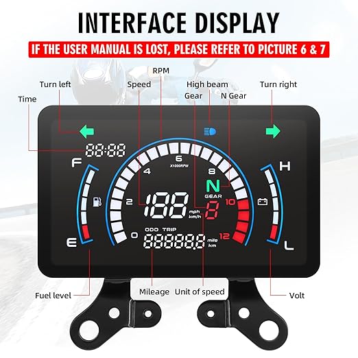 Motorcycle Speedometer Cluster Mechanical Digital Speedometer for Moto with LCD Screen Motorcycle Speedo Meter Dashboard with MPH, Tach, Odo, Oil Level, Time, 5 Gear, Volt