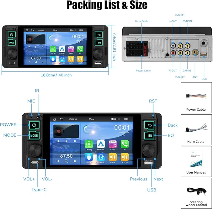Single Din Car Stereo with Wireless Apple Carplay Android Auto, 5.1" InCell Touchscreen Car Radio with Bluetooth 5.2 Handsfree Mirror Link 1 Din Head Unit with FM/Type-C/USB/EQ/Microphone