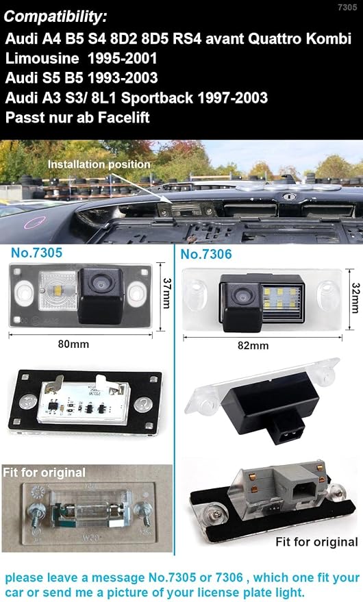 Car Umkehrkennzeichen Lichtkamera Nachtsicht wasserdichtes Einparksystem Rückfahrkamera für Audi A4 B5 S4 8D2 8D5 RS4 Avant Quattro Kombi Limousine A3 S3 (No.7306=82 mm x 31.1 60 mm)