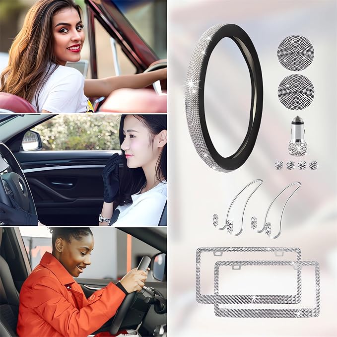 Guoord 12 PCs Bling Car Accessories Set for Women, Steering Wheel Covers Universal Fit 15in, License Plate Frame, Valve Stem Caps, Bling Car Coasters