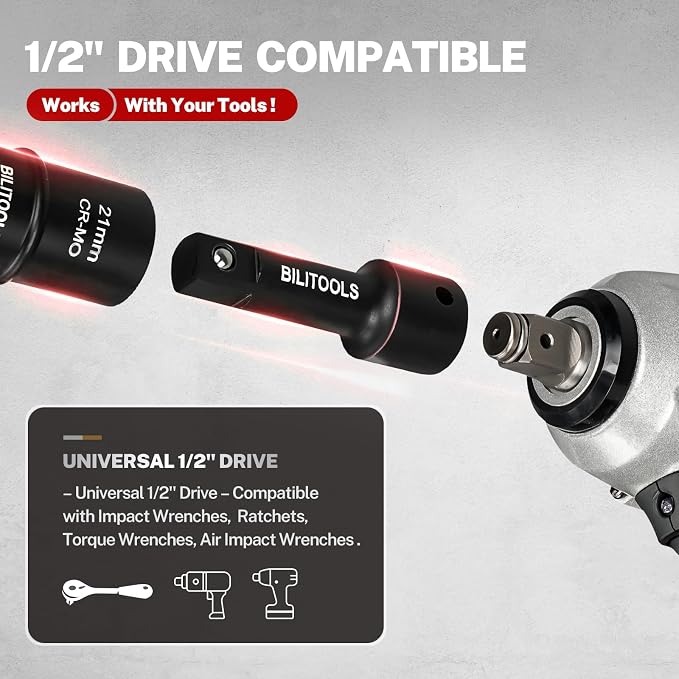 BILITOOLS 1/2 inch Drive Impact Flip Socket Set &Extra Long 6" Lug Nut Socket Set