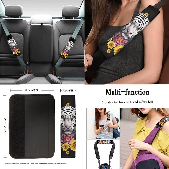 Tiger Sunflower Daisy Print Car Seat Covers Full Set, Car Accessories Set of 13, Universal Fit Steering Wheel Cover + Safe Belts Cover + Coasters with Notch for Trucks SUV Van