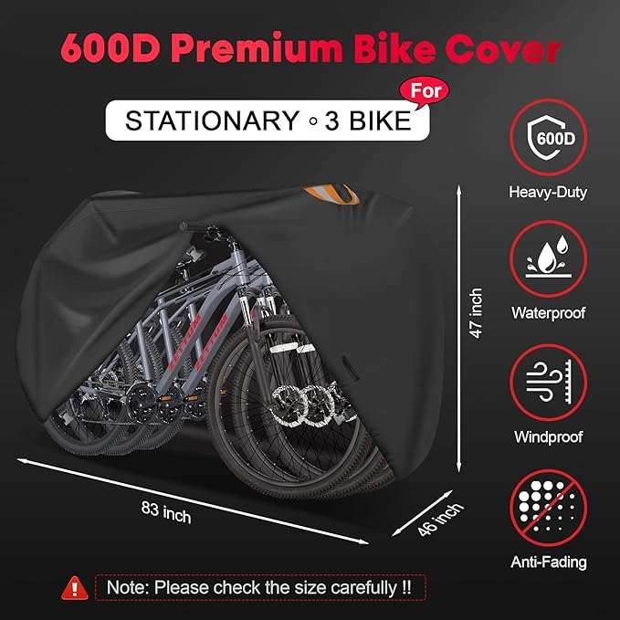 Zettum Bike Cover for 3 Bikes - Outdoor Bike Covers for Stationary 3 Bikes Heavy Duty & Waterproof, 600D Bicycle Covers for 3 eBike, Mountain Bike, Road Bike, Hybrid Bike, Beach Cruiser Bike Storage