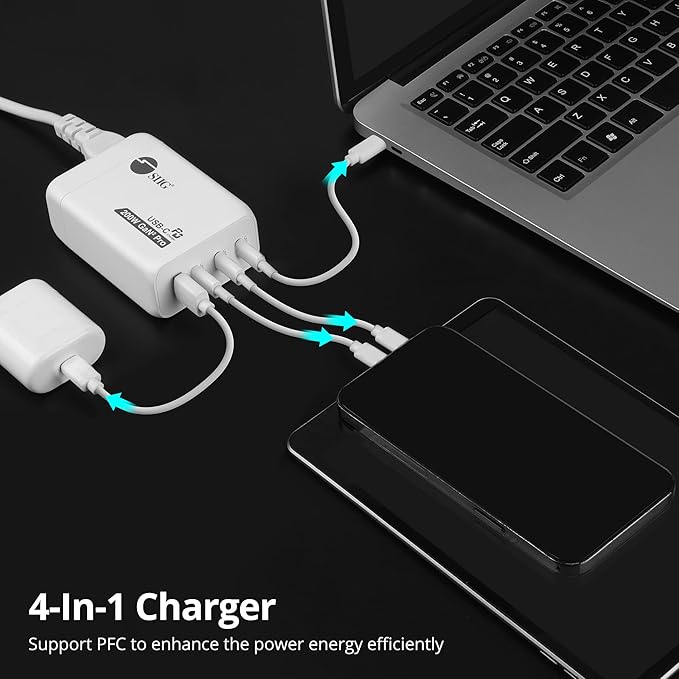 SIIG 200W USB C Charger Block, 4-Port GaN Fast Charging with 100W PD, QC3.0 65W PPS, 3X USB-C 1x USB-A, for MacBook Pro/Air, iPad, iPhone 14 Pro, Galaxy S23, Steam Deck, Pixel (AC-PW1V11-S1)