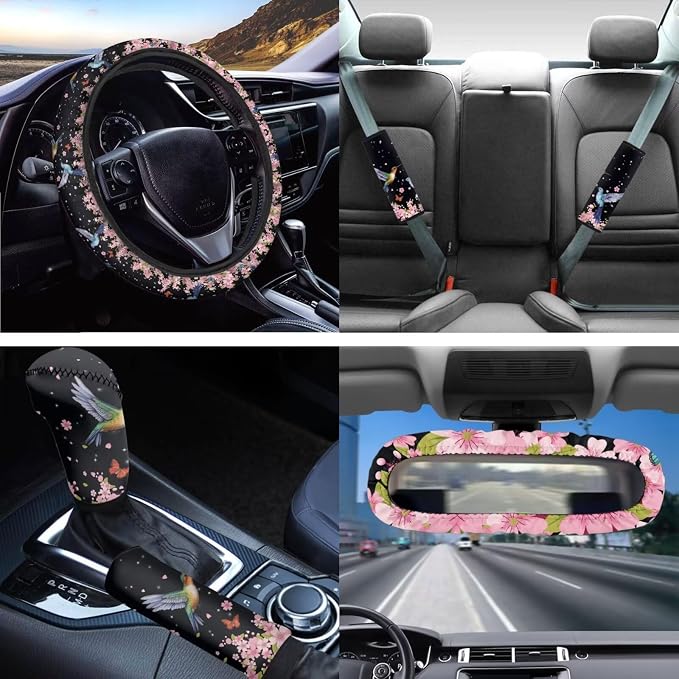 Hummingbirds Car Seat Cover Back Seat Protection Cover Accessory 14 Piece with Absorbent Coaster+Auto Rear View Mirror Cover+Keychain+Steering Wheel Cover+Gear Shift Knob Handbreak Pads