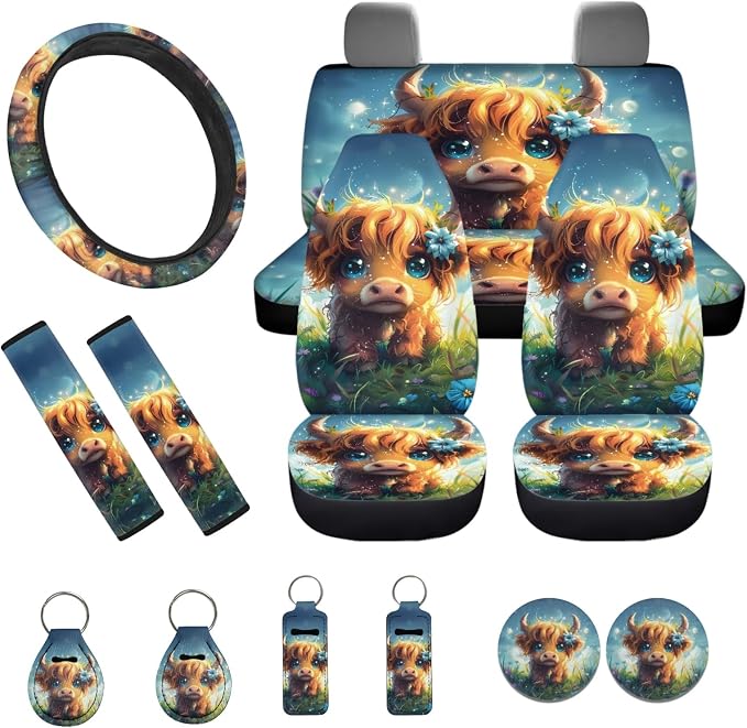 INSTANTARTS Cute Highland Cow Full Set of 13 Car Front Back Seat Covers Seat Belt Pads Car Cup Holders Lip Gloss Tube Sleeve Keychain Steering Wheel Cover