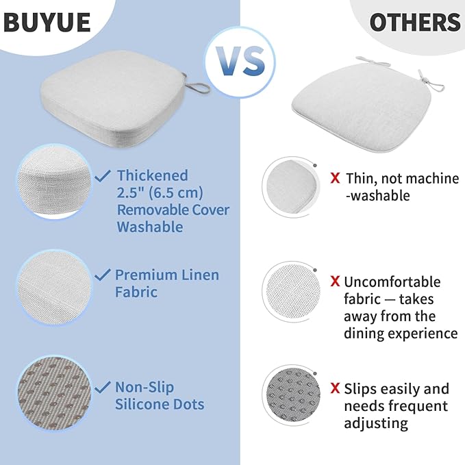 BUYUE Thickened 2.5" Dining Chair Cushions Set of 6, U-Shape High Density Foam Comfortable Chair Pads for Kitchen, Slip Resistant Indoor Seat Cushions (6 PCS, Light Grey)